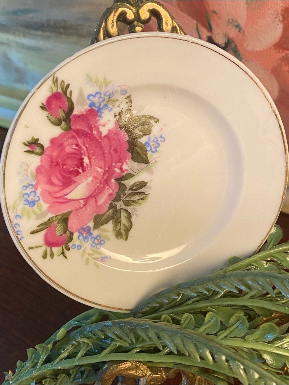 Vintage Porcelain Teacup Saucer Featuring Punk Cabbage Rose Motif
